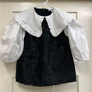 Ganni Black Embroidered Bodice White Ruffled Collar Puff Sleeve Top
